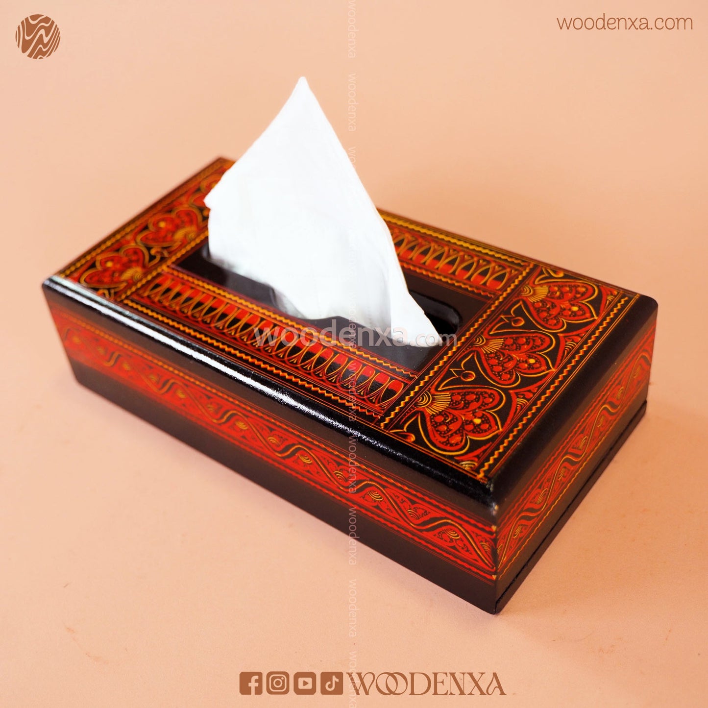 Black Wooden Tissue Box with Red Naqshi Art | Handmade by Woodenxa