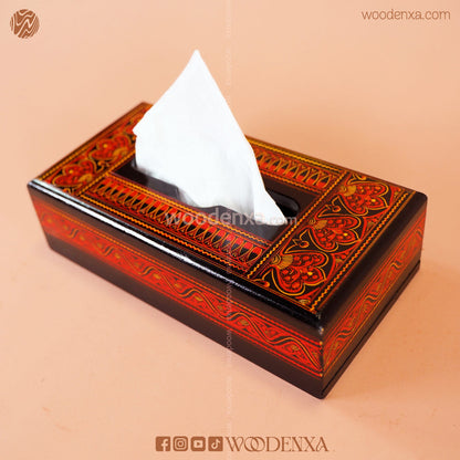 Black Wooden Tissue Box with Red Naqshi Art | Handmade by Woodenxa
