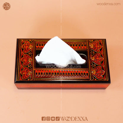 Black Wooden Tissue Box with Red Naqshi Art | Handmade by Woodenxa