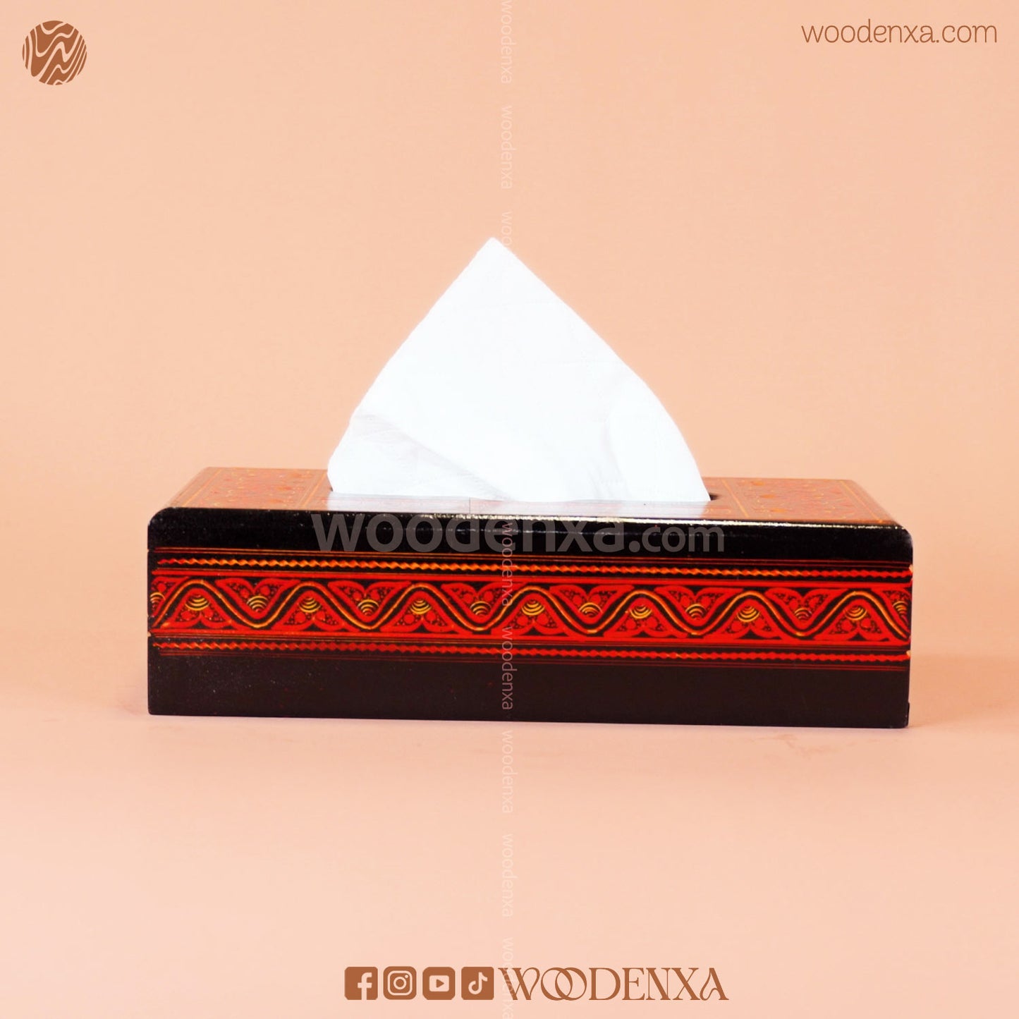 Black Wooden Tissue Box with Red Naqshi Art | Handmade by Woodenxa