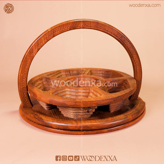 Foldable Handmade Wooden Dry Fruit Basket Tray – 5 Section by Woodenxa
