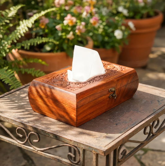 Handcrafted Wooden Tissue Box with Carving Work | Woodenxa