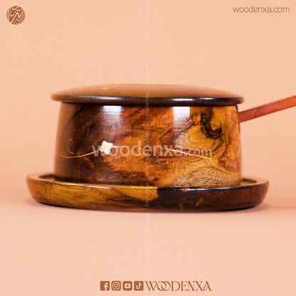 Handcrafted Wooden Sugar Pot with Spoon & Plate | Premium Sheesham Wood Finish by Woodenxa