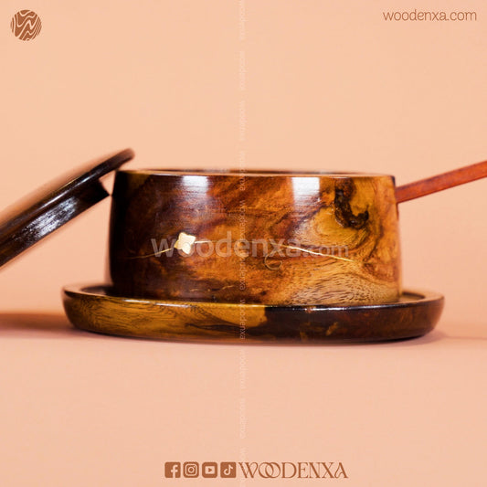 Handcrafted Wooden Sugar Pot with Spoon & Plate | Premium Sheesham Wood Finish by Woodenxa