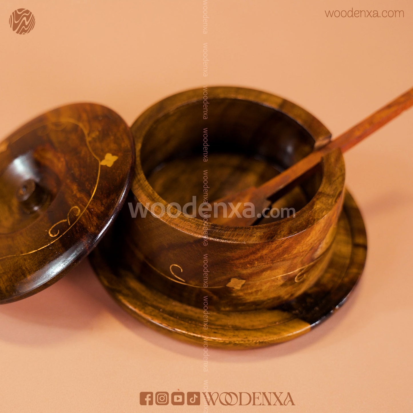 Handcrafted Wooden Sugar Pot with Spoon & Plate | Premium Sheesham Wood Finish by Woodenxa