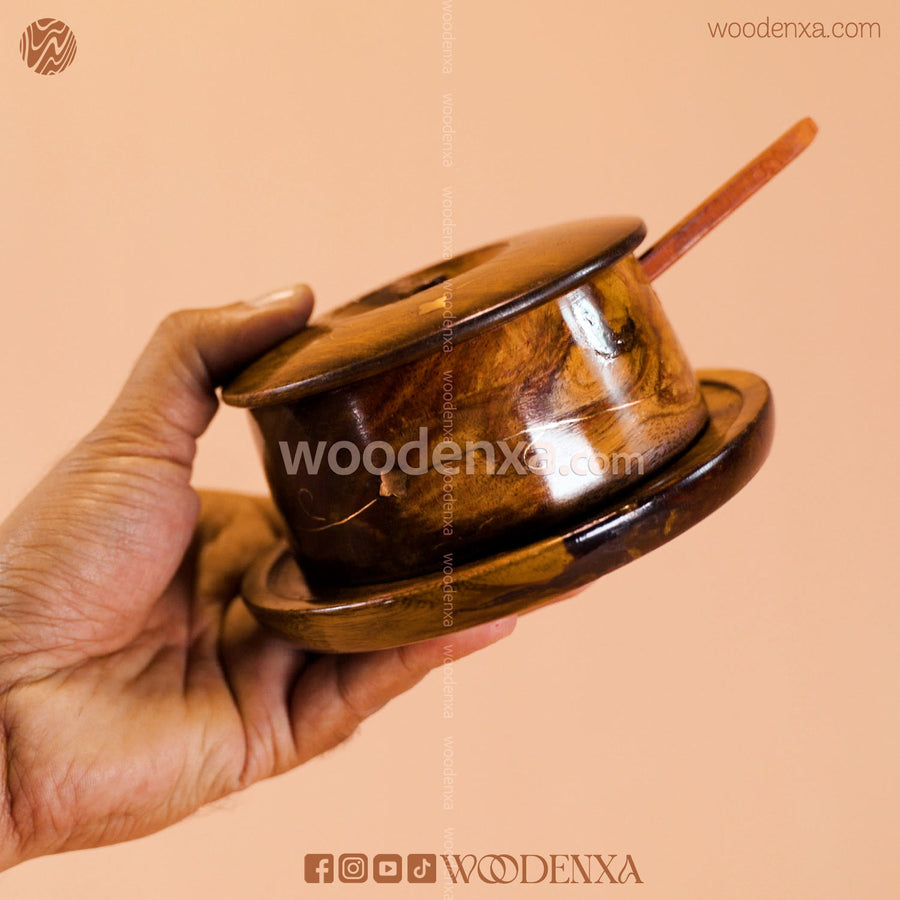 Handcrafted Wooden Sugar Pot with Spoon & Plate | Premium Sheesham Wood Finish by Woodenxa