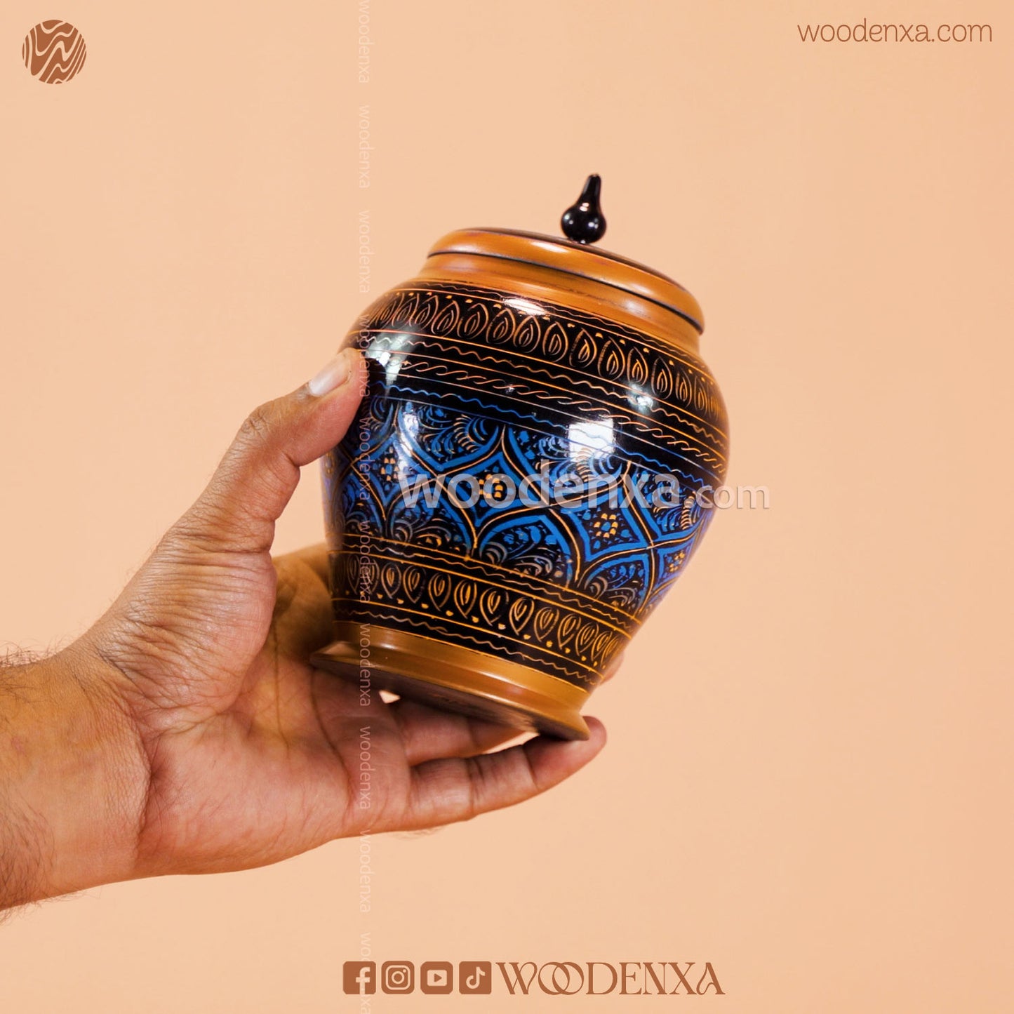 Handmade Wooden Candy Jar 5" – Black with Blue & Golden Naqshi Art | Woodenxa