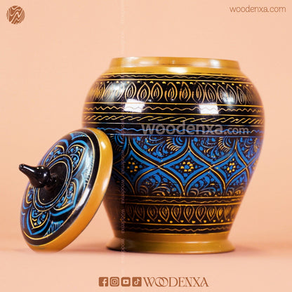 Handmade Wooden Candy Jar 5" – Black with Blue & Golden Naqshi Art | Woodenxa