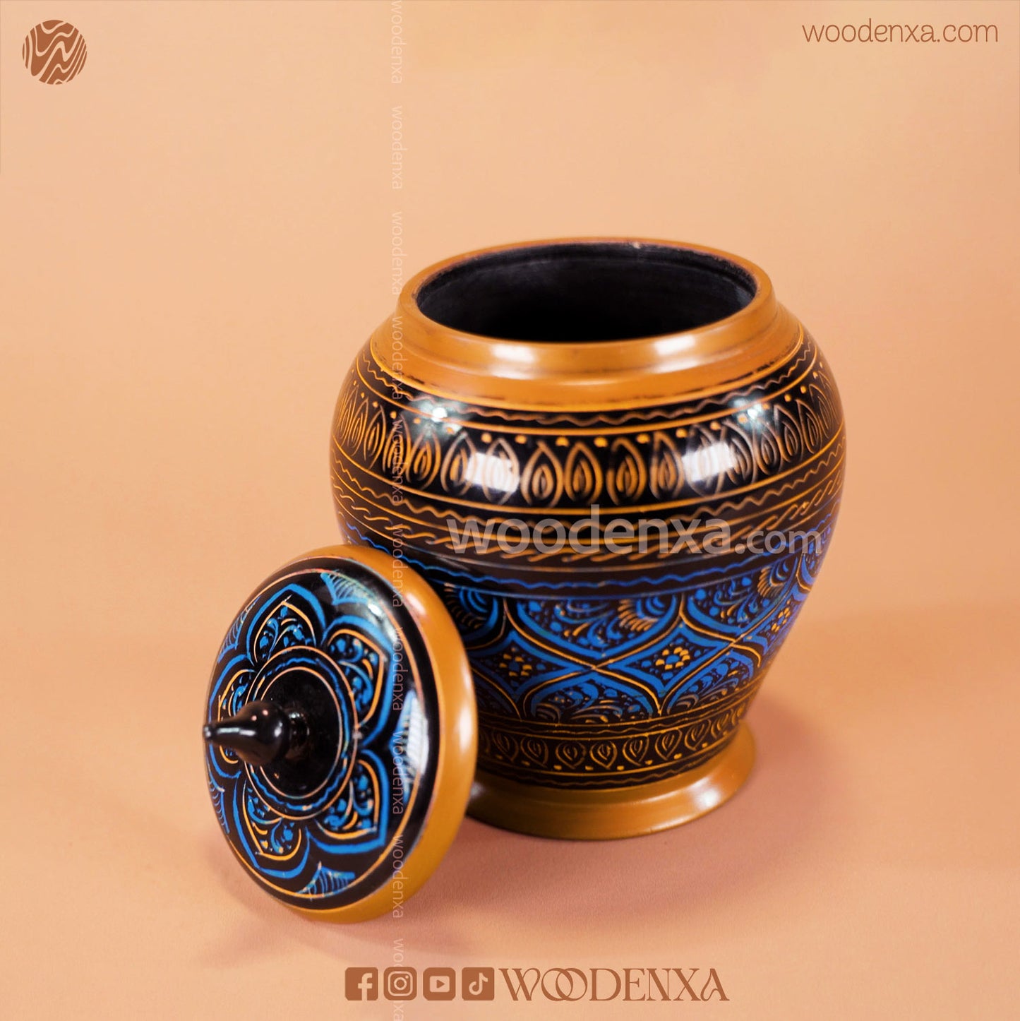 Handmade Wooden Candy Jar 5" – Black with Blue & Golden Naqshi Art | Woodenxa