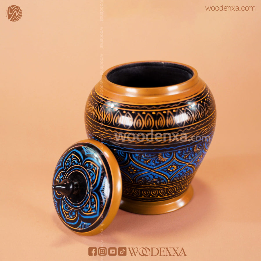 Handmade Wooden Candy Jar 5" – Black with Blue & Golden Naqshi Art | Woodenxa
