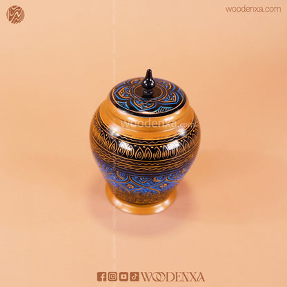 Handmade Wooden Candy Jar 5" – Black with Blue & Golden Naqshi Art | Woodenxa