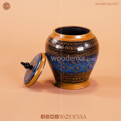 Handmade Wooden Candy Jar 5" – Black with Blue & Golden Naqshi Art | Woodenxa