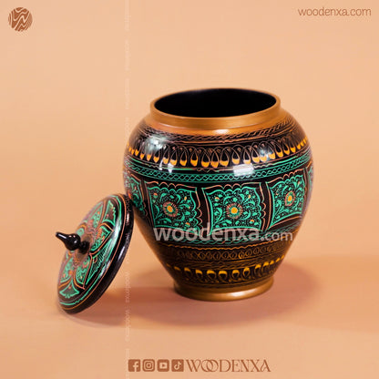 Handmade Wooden Candy Jar 6" – Black with Green & Golden Naqshi Art | Woodenxa