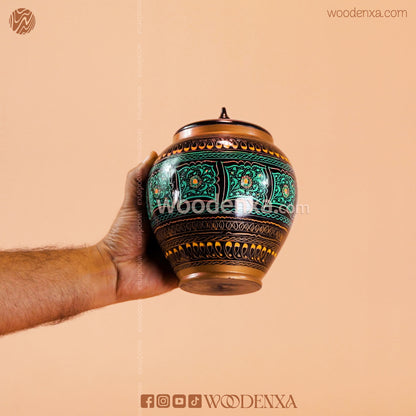 Handmade Wooden Candy Jar 6" – Black with Green & Golden Naqshi Art | Woodenxa