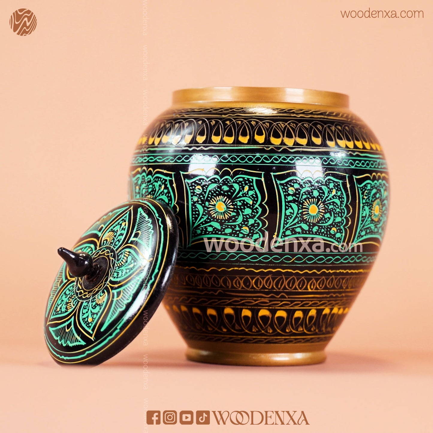Handmade Wooden Candy Jar 6" – Black with Green & Golden Naqshi Art | Woodenxa