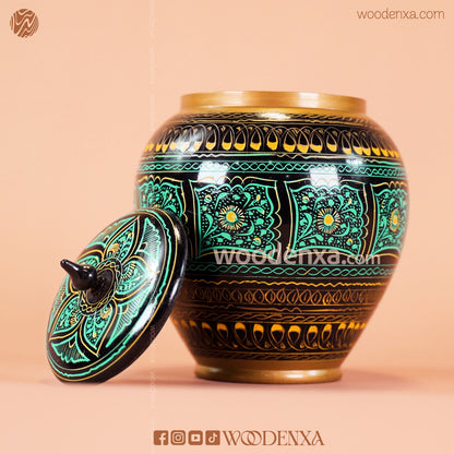 Handmade Wooden Candy Jar 6" – Black with Green & Golden Naqshi Art | Woodenxa