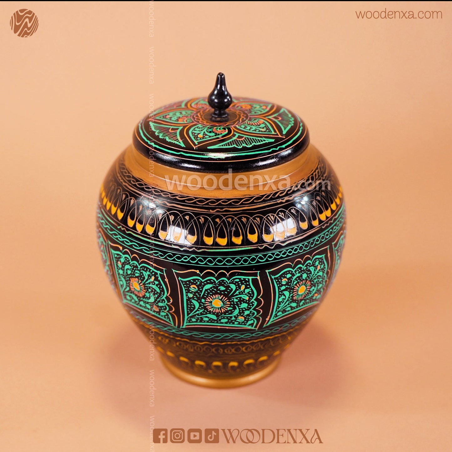Handmade Wooden Candy Jar 6" – Black with Green & Golden Naqshi Art | Woodenxa