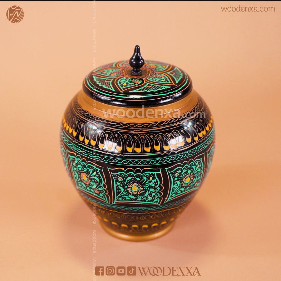 Handmade Wooden Candy Jar 6" – Black with Green & Golden Naqshi Art | Woodenxa
