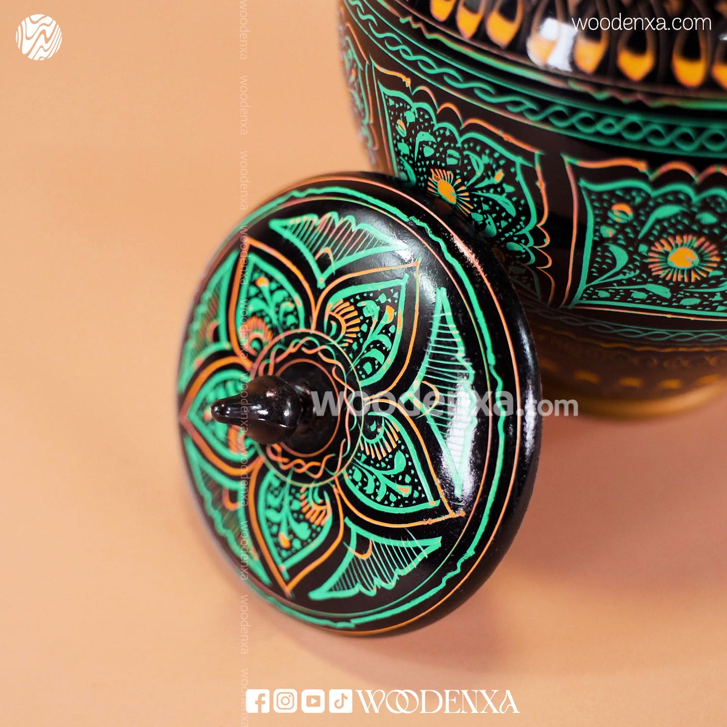 Handmade Wooden Candy Jar 6" – Black with Green & Golden Naqshi Art | Woodenxa