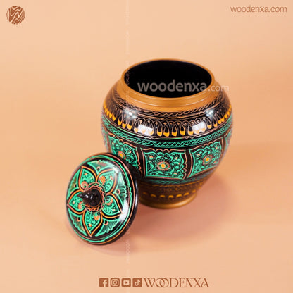 Handmade Wooden Candy Jar 6" – Black with Green & Golden Naqshi Art | Woodenxa
