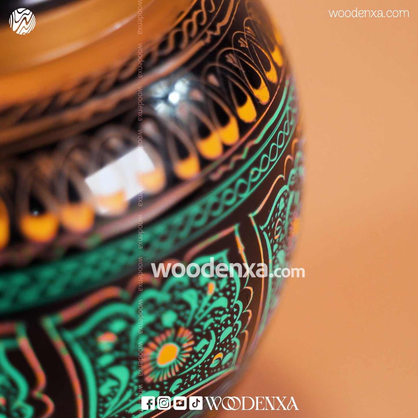 Handmade Wooden Candy Jar 6" – Black with Green & Golden Naqshi Art | Woodenxa