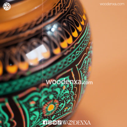Handmade Wooden Candy Jar 6" – Black with Green & Golden Naqshi Art | Woodenxa
