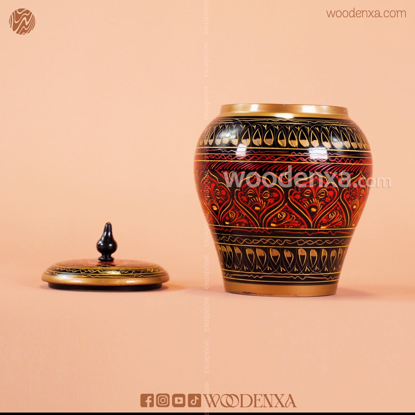 Wooden Candy Jar 5 Inch – Black with Red & Golden Naqshi Design | Woodenxa