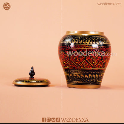 Wooden Candy Jar 5 Inch – Black with Red & Golden Naqshi Design | Woodenxa