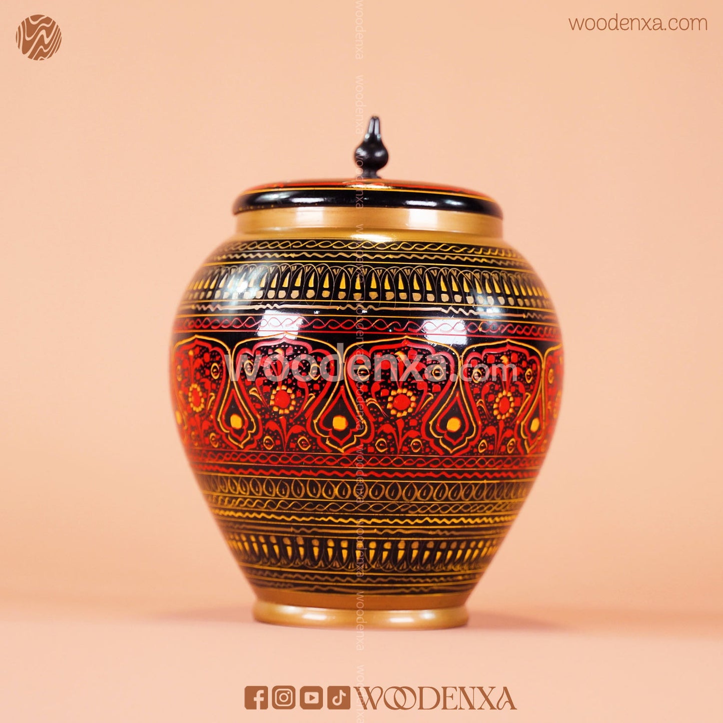Handmade Wooden Candy Jar 6" – Black with Red & Golden Naqshi Design | Woodenxa