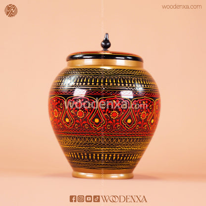 Handmade Wooden Candy Jar 6" – Black with Red & Golden Naqshi Design | Woodenxa