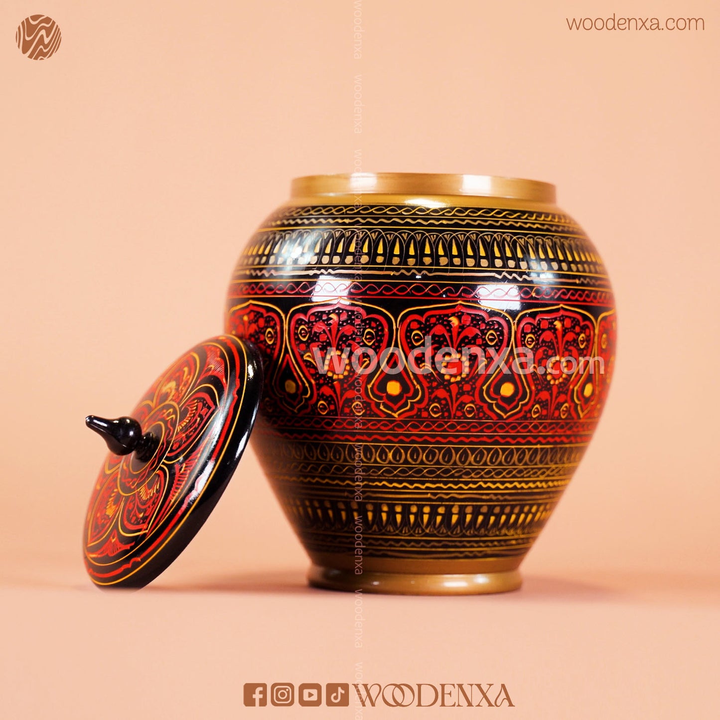 Handmade Wooden Candy Jar 6" – Black with Red & Golden Naqshi Design | Woodenxa