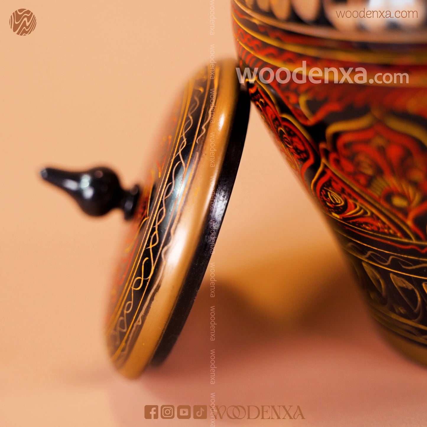 Wooden Candy Jar 5 Inch – Black with Red & Golden Naqshi Design | Woodenxa