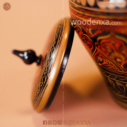 Wooden Candy Jar 5 Inch – Black with Red & Golden Naqshi Design | Woodenxa