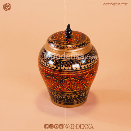 Wooden Candy Jar 5 Inch – Black with Red & Golden Naqshi Design | Woodenxa
