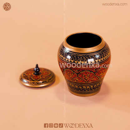 Wooden Candy Jar 5 Inch – Black with Red & Golden Naqshi Design | Woodenxa