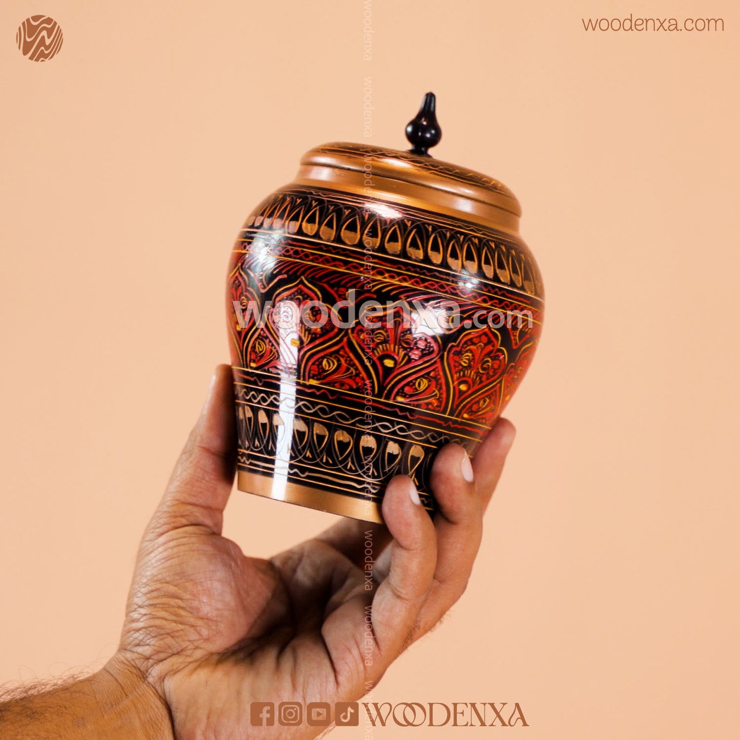 Wooden Candy Jar 5 Inch – Black with Red & Golden Naqshi Design | Woodenxa