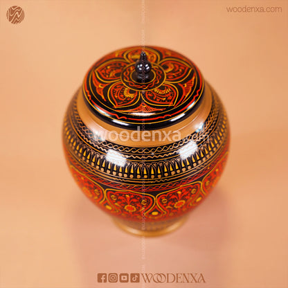 Handmade Wooden Candy Jar 6" – Black with Red & Golden Naqshi Design | Woodenxa
