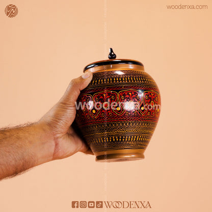Handmade Wooden Candy Jar 6" – Black with Red & Golden Naqshi Design | Woodenxa