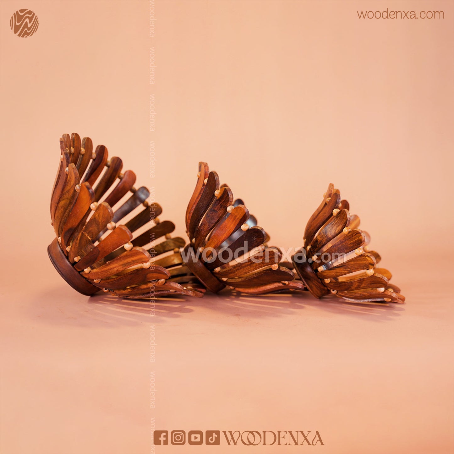 Handmade Wooden Fruit & Multipurpose Basket Set – 3 Pcs | Carved Design by Woodenxa