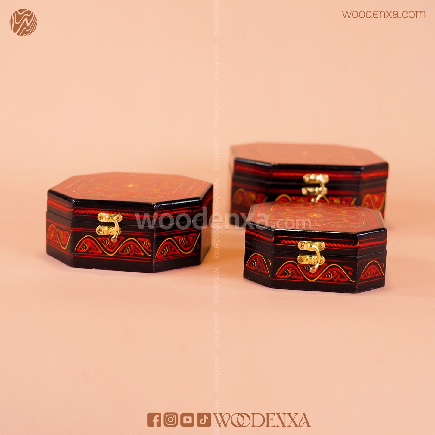 MDF Wooden Jewellery Box Set of 3 – Red Naqshi Art | Handmade by Woodenxa