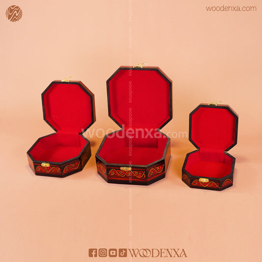 MDF Wooden Jewellery Box Set of 3 – Red Naqshi Art | Handmade by Woodenxa