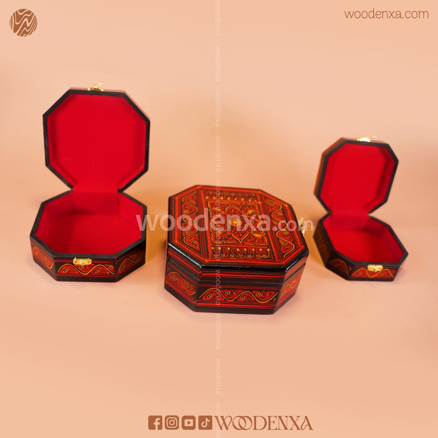 MDF Wooden Jewellery Box Set of 3 – Red Naqshi Art | Handmade by Woodenxa