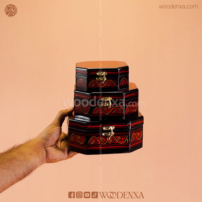 MDF Wooden Jewellery Box Set of 3 – Red Naqshi Art | Handmade by Woodenxa