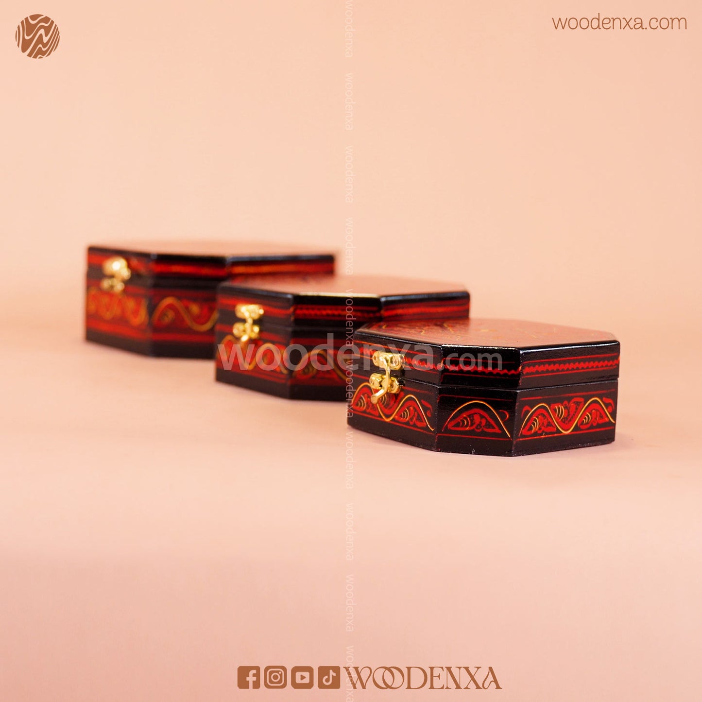 MDF Wooden Jewellery Box Set of 3 – Red Naqshi Art | Handmade by Woodenxa