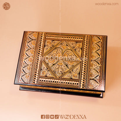 MDF Quran & Jewelry Box – Black with Golden Naqshi Art | Woodenxa