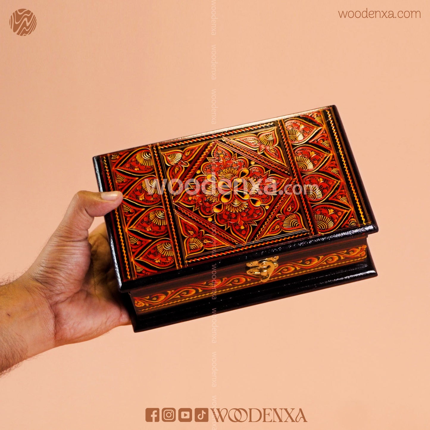 MDF Wooden Jewellery Box with Red Naqshi Art | Handmade by Woodenxa
