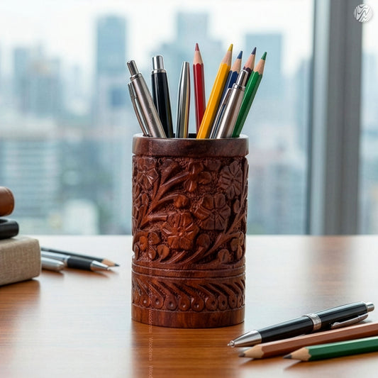 Wooden Multipurpose Pen Stand Holder with Carving | Rosewood by Woodenxa