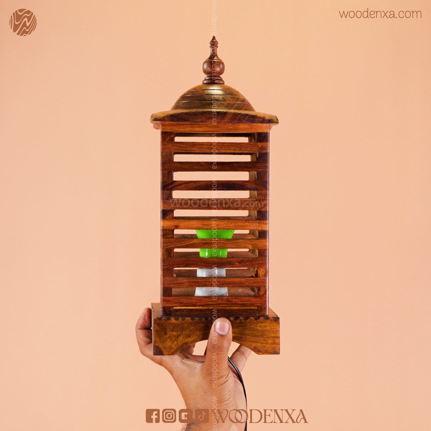 Premium Square Wooden Table Lamp – Stripped Handcrafted Vintage Style