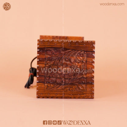 Premium Square Wooden Table Lamp with Handcrafted Carving | Woodenxa