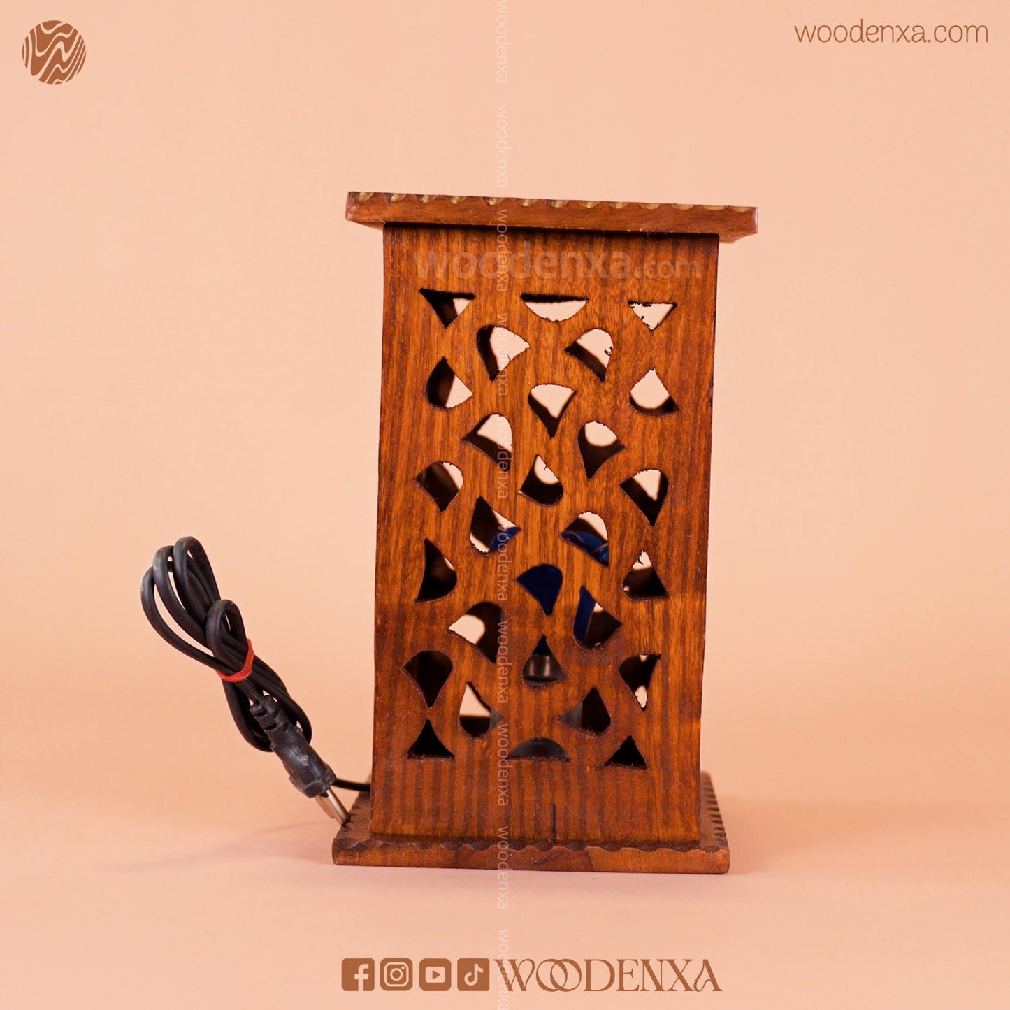 Premium Square Wooden Table Lamp with Handcrafted Carving | Woodenxa